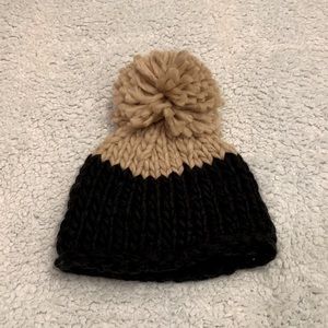 Free People Knitted black with tan beanie with Pom Pom